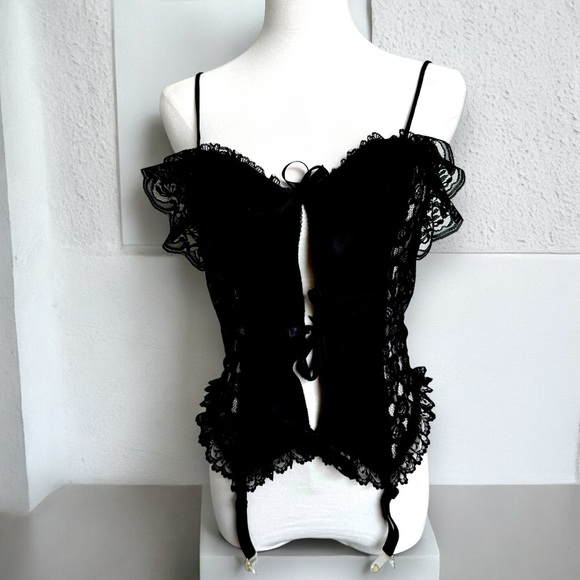 Vintage Tops - Vintage Y2K goth glam coquette tie up black frill mesh  top ribbons